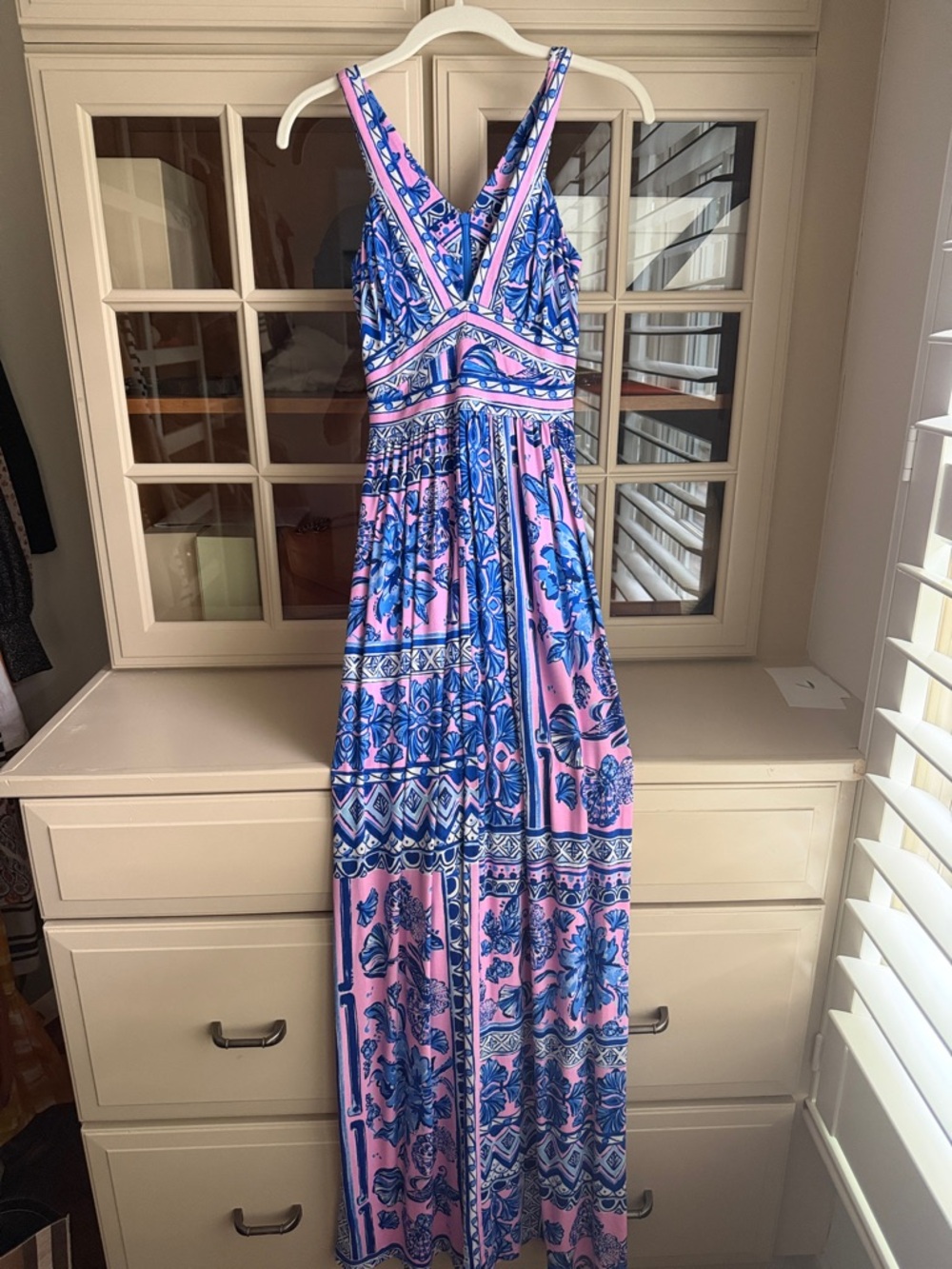 Lilly Pulitzer Pink and Blue V‑Neck Strappy Maxi Dress